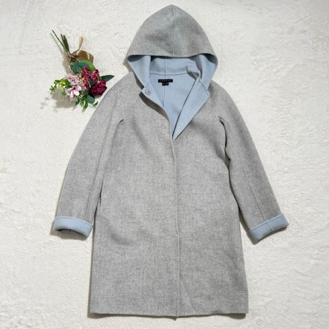 セオリー　フーデッドコート カシミヤ混 コート　ダブルフェイス　秋冬　グレー