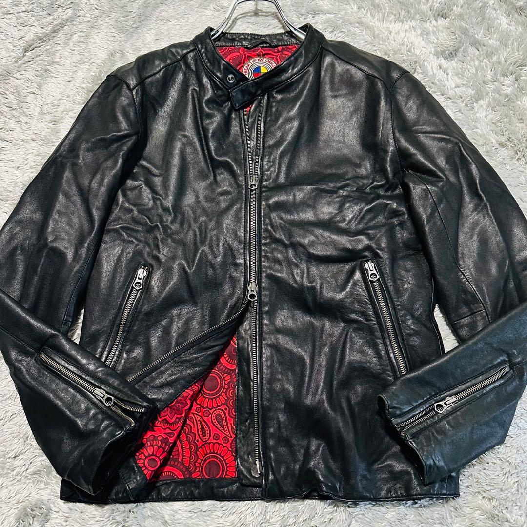 美品 希少L フリークスストア 羊革 シングルライダースジャケット 裏地赤 総柄