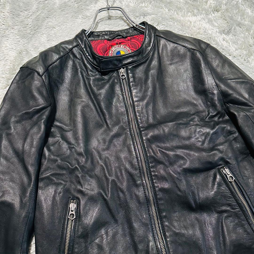美品 希少L フリークスストア 羊革 シングルライダースジャケット 裏地赤 総柄