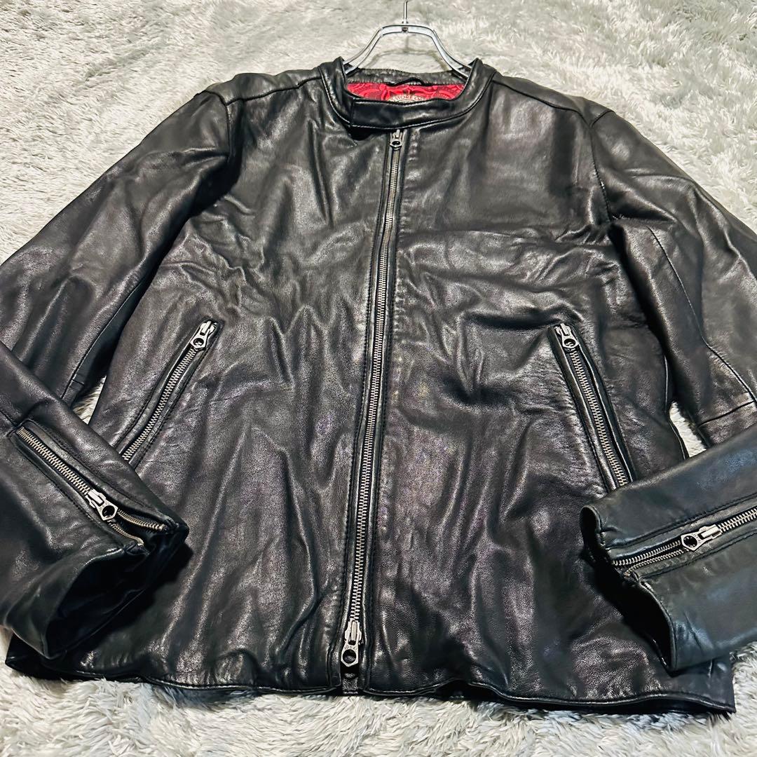 美品 希少L フリークスストア 羊革 シングルライダースジャケット 裏地赤 総柄