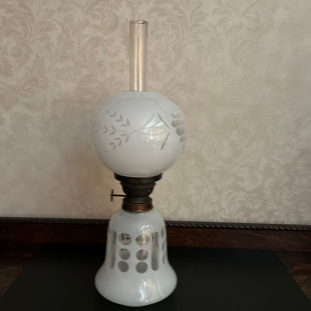 アンティーク　乳白　切子オイルランプ 昭和レトロ