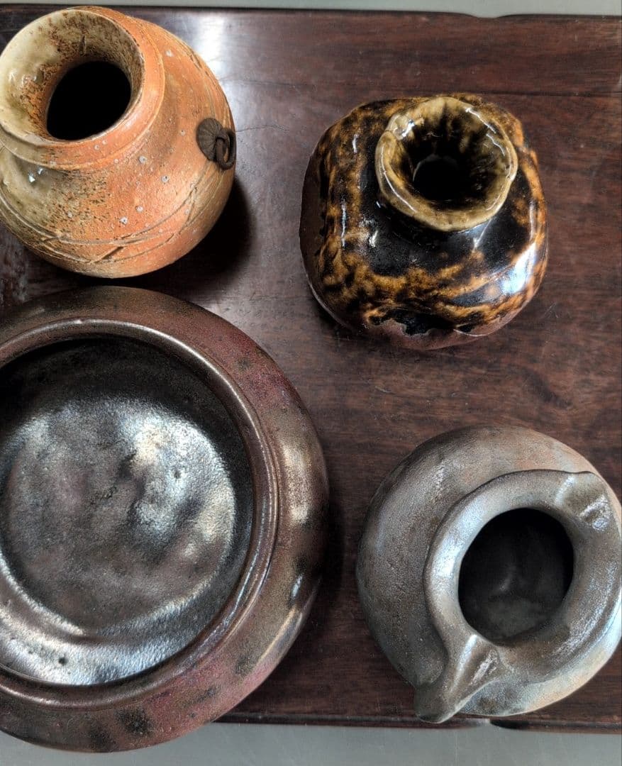 作家銘あり 花器 花瓶 4点セット 備前焼風 壺 一輪挿し 陶器 インテリア