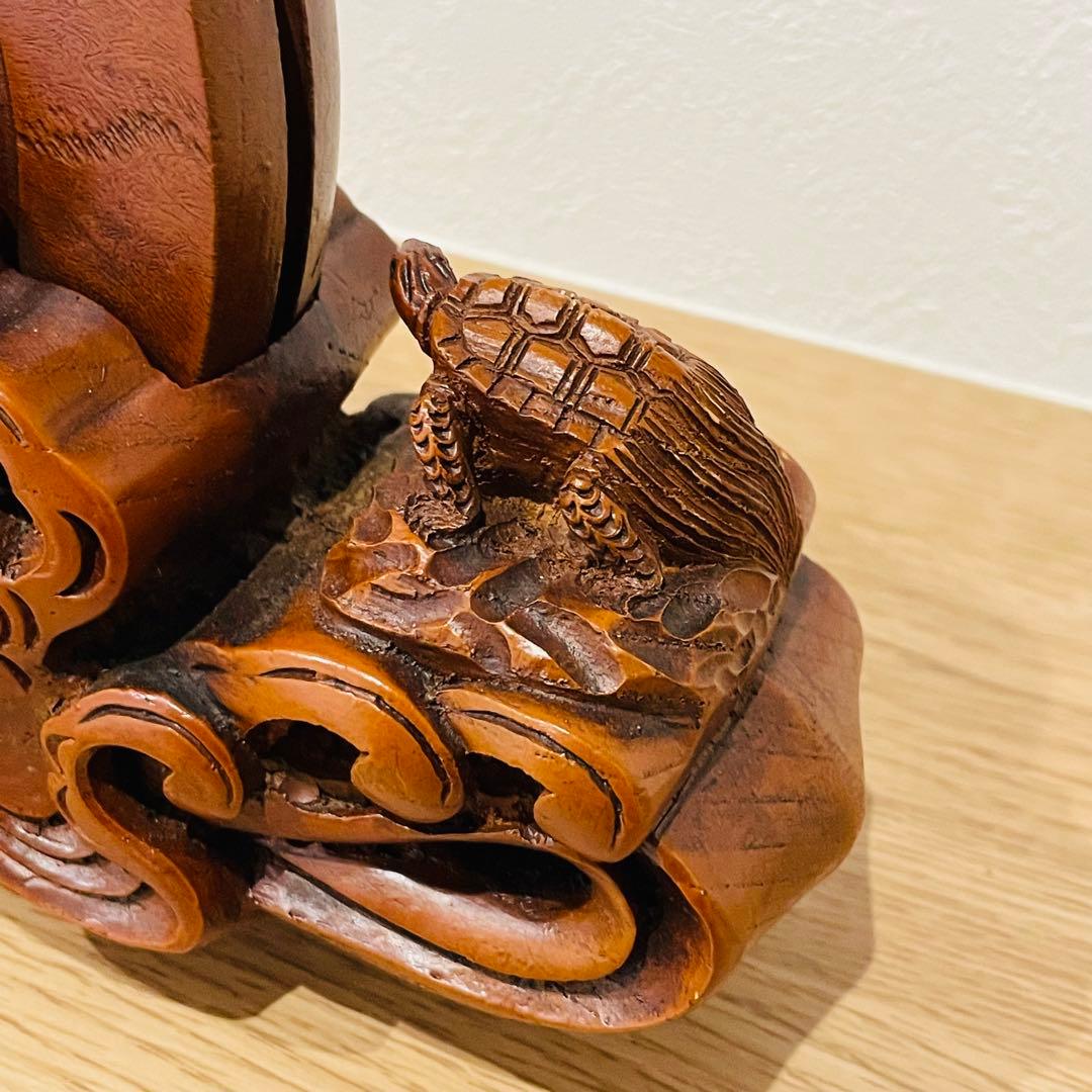 大型 彫辰作 鶴亀彫 親子亀 墨壺 墨つぼ 墨壷 置物 木製 在銘 大工道具
