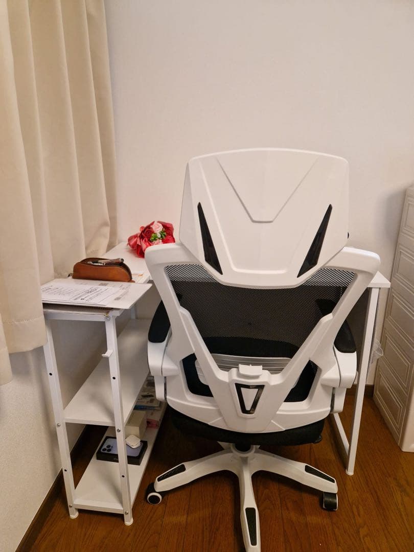 ホワイト L字型パソコンデスクとオフィスチェアセット