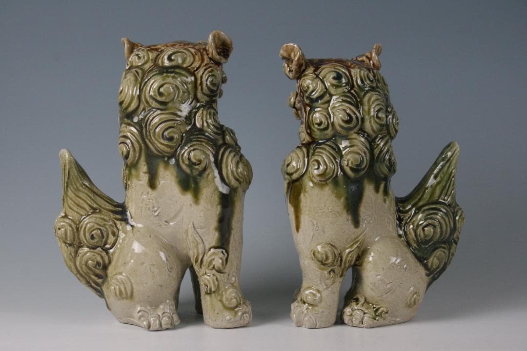 人間国宝一門　金城敏徳 作　緑釉立シーサー（大）1対