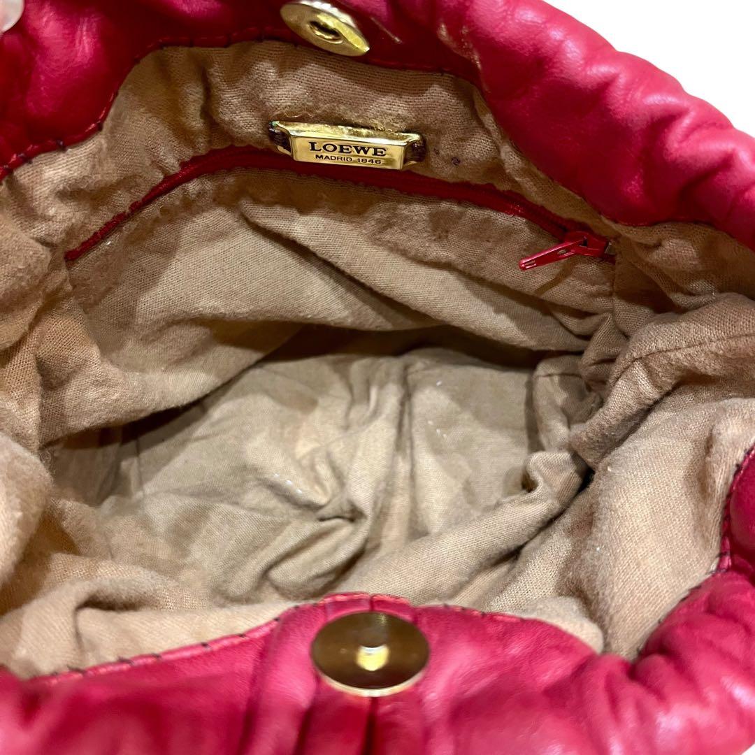LOEWE ロエベ ヴィンテージ アナグラム レザー 巾着 ショルダーバッグ　赤