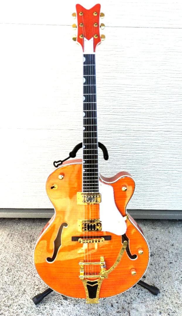 フルアコアーチトップギター③　オレンジ虎目トレモロアーム　ステンレスフレット