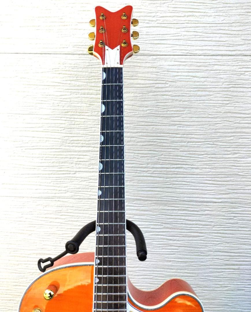 フルアコアーチトップギター③　オレンジ虎目トレモロアーム　ステンレスフレット