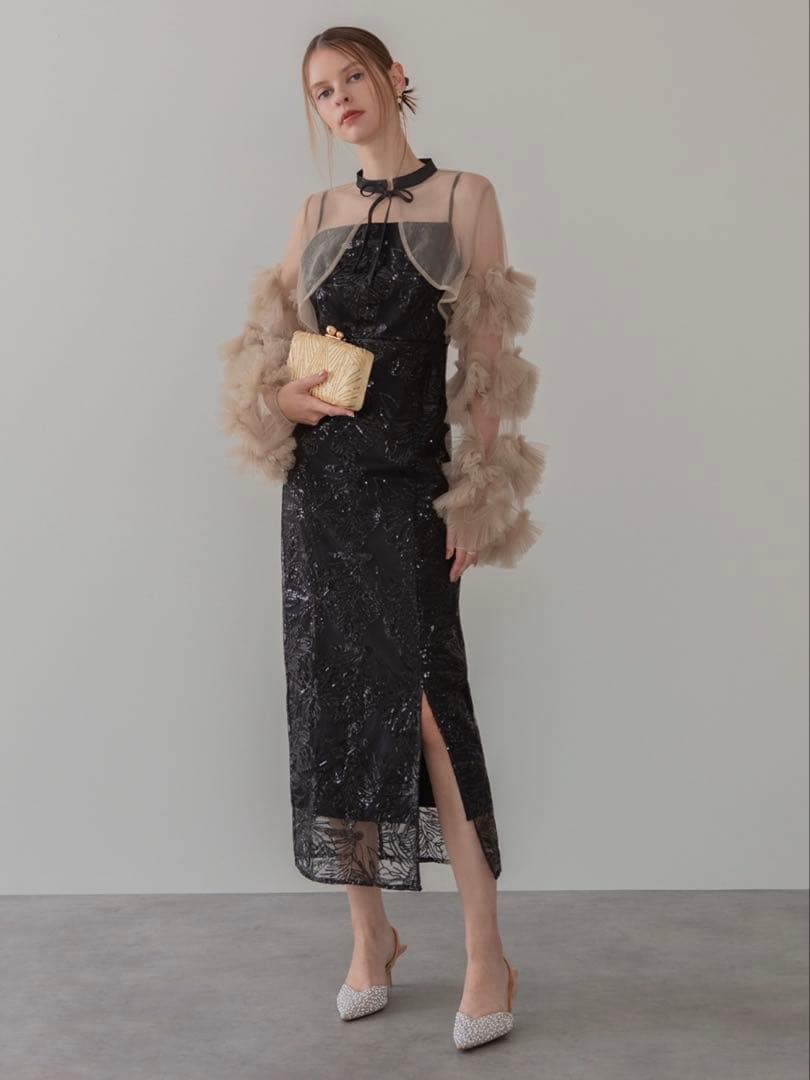 フリルチュールスリーブリボンIラインワンピースドレス結婚式パーティー成人式二次会