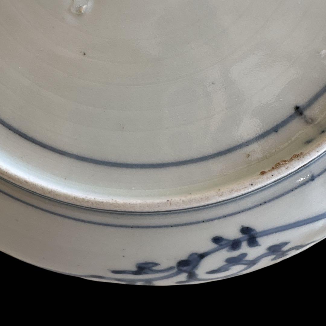 有田 伊万里 染付 印判手 小皿 蛸唐草 渦唐草 見返し蓮弁 見込 花文 竹葉