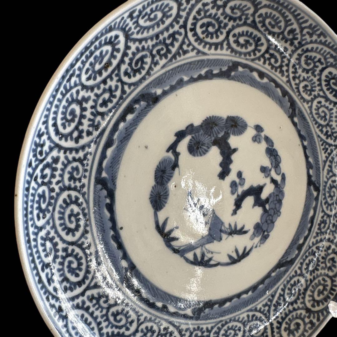 有田 伊万里 染付 印判手 小皿 蛸唐草 渦唐草 見返し蓮弁 見込 花文 竹葉