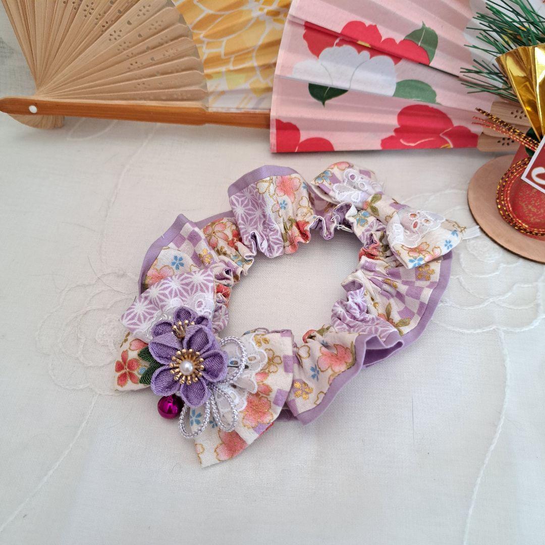 短毛シュシュ、和風妻み細工(白×藤色)わんちゃん猫ちゃん用