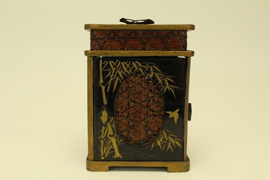 螺鈿蓋物 窓網代 花鳥蒔絵 四方 煙草具 二件(A742)