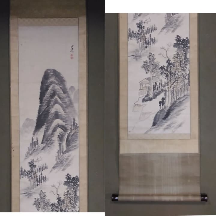 古い掛軸　岡田半江(おかたはんこう)　山水図　合わせ箱　日本画　j30