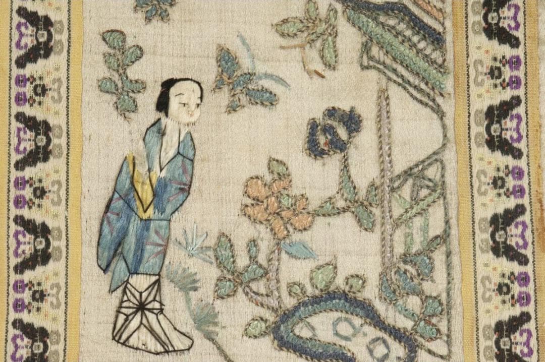 【珍】　★ 額装 才子佳人図繍片 ★　民国時期　刺繍 人物紋 亭台紋　民間織繍