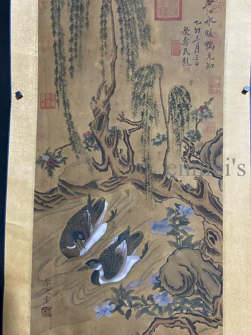 中国古美術 宋代 李迪款 花鳥画 絹布 肉筆 唐物 書道 水墨画 掛け軸 文房