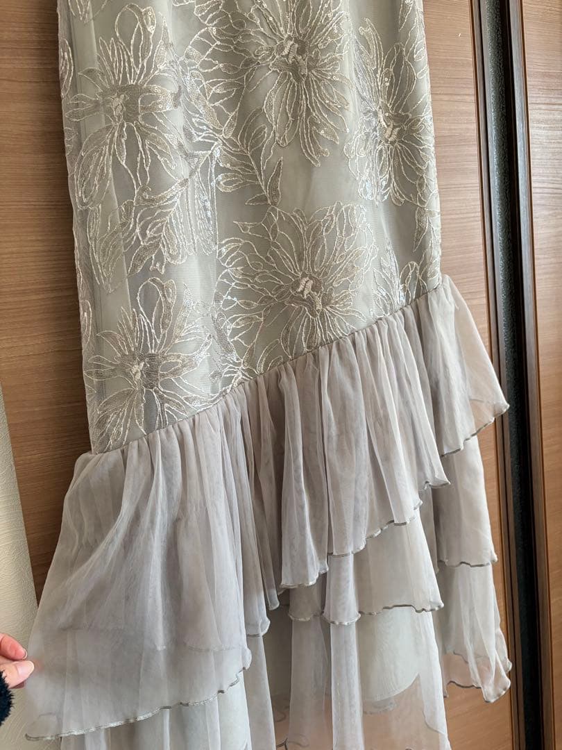 【Leja】フラワースパンコールチュールフリルスリーブIラインワンピース