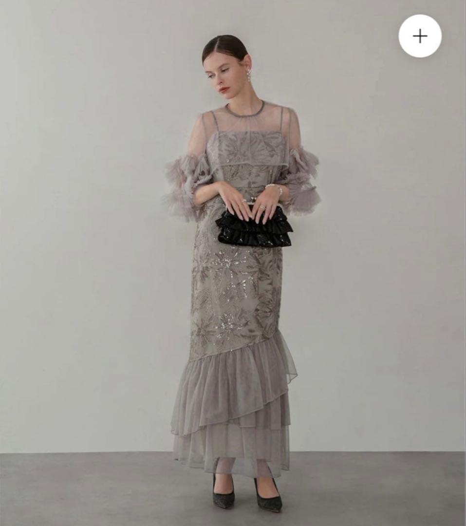 【Leja】フラワースパンコールチュールフリルスリーブIラインワンピース