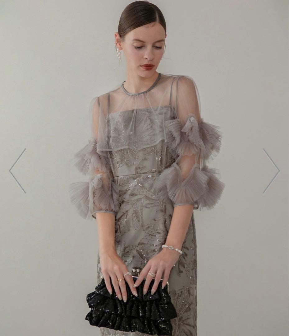 【Leja】フラワースパンコールチュールフリルスリーブIラインワンピース