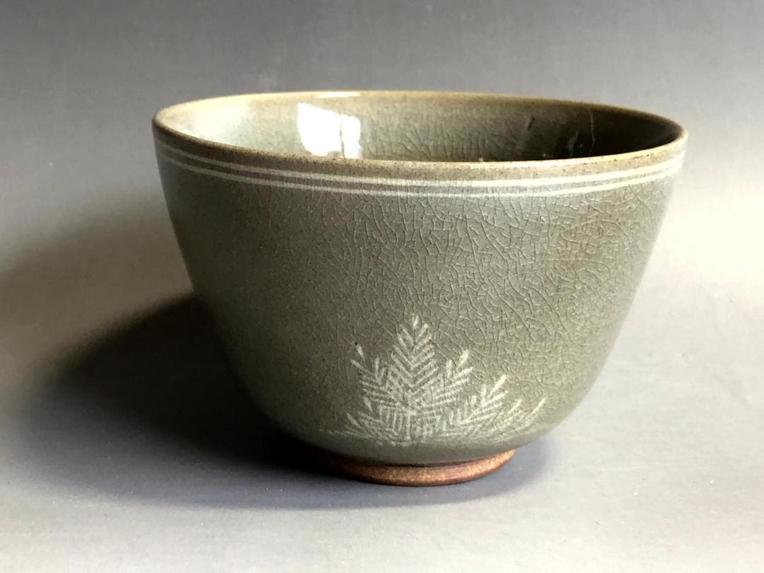 碗■高田焼若松象嵌入数茶碗 抹茶碗 お茶道具 古美術 時代物 骨董品■