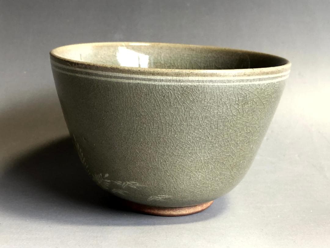 碗■高田焼若松象嵌入数茶碗 抹茶碗 お茶道具 古美術 時代物 骨董品■