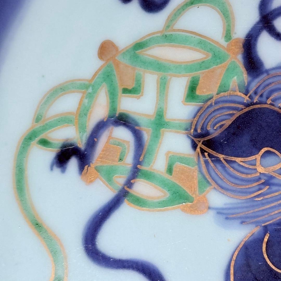 古伊万里　染錦唐獅子文皿　冨貴長春　共箱　名品　直径20.3㎝　人気の図柄