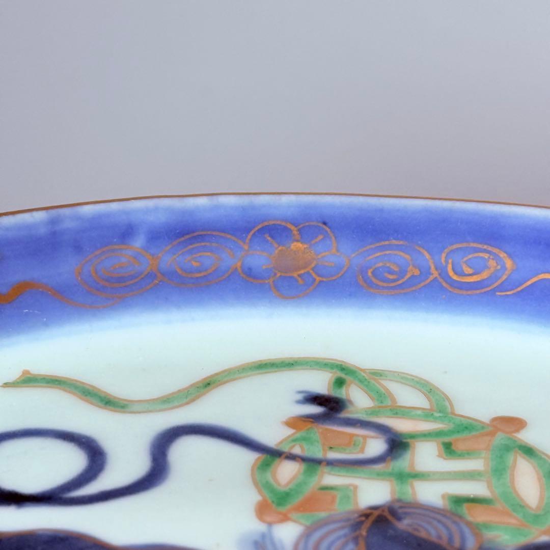 古伊万里　染錦唐獅子文皿　冨貴長春　共箱　名品　直径20.3㎝　人気の図柄