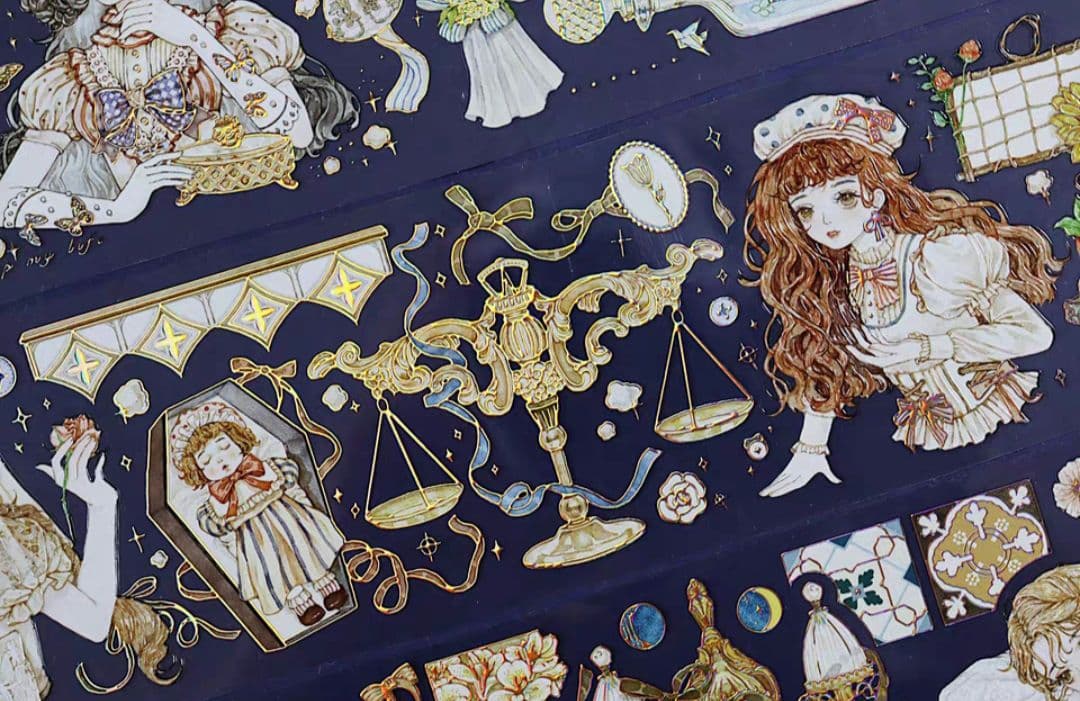 巻売 523★ 海外 マスキングテープ マステ PET 装飾 人物 金ホロ+水晶