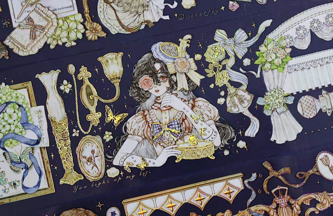 巻売 523★ 海外 マスキングテープ マステ PET 装飾 人物 金ホロ+水晶