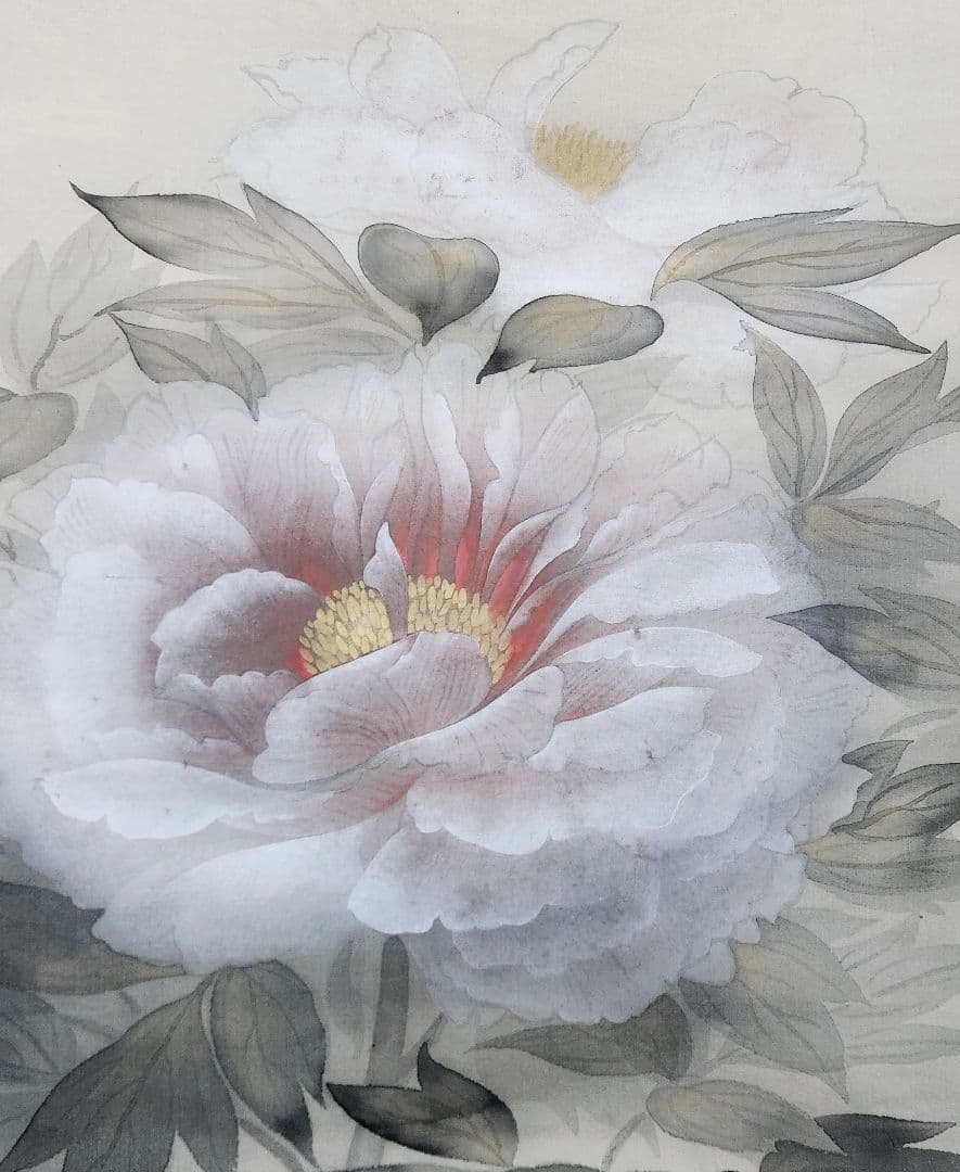 【白牡丹図】山本大慈 2675 ボタン 掛け軸 肉筆