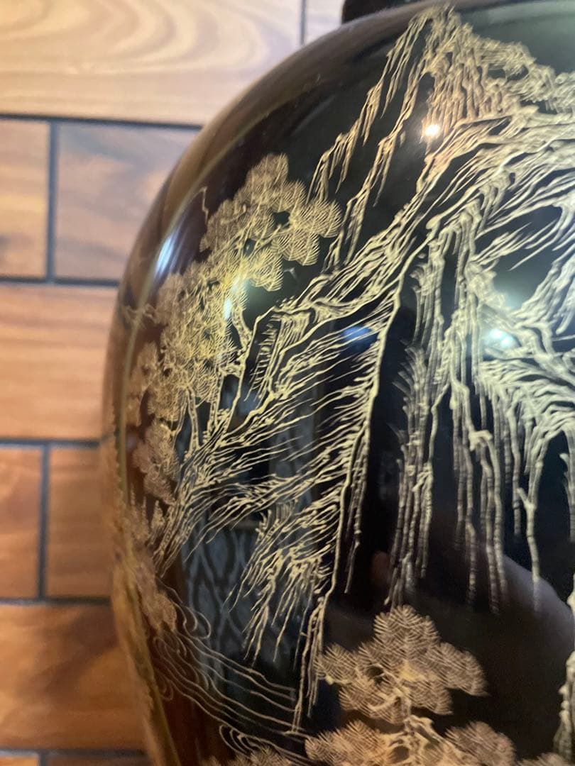 中国古玩　福建漆器 金彩画　大花瓶　台付