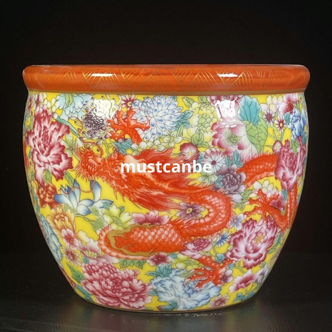 清乾隆琺瑯彩万花双龍響水甕 景徳鎮 陶磁器 装飾品 現代工芸品 美術品 置物