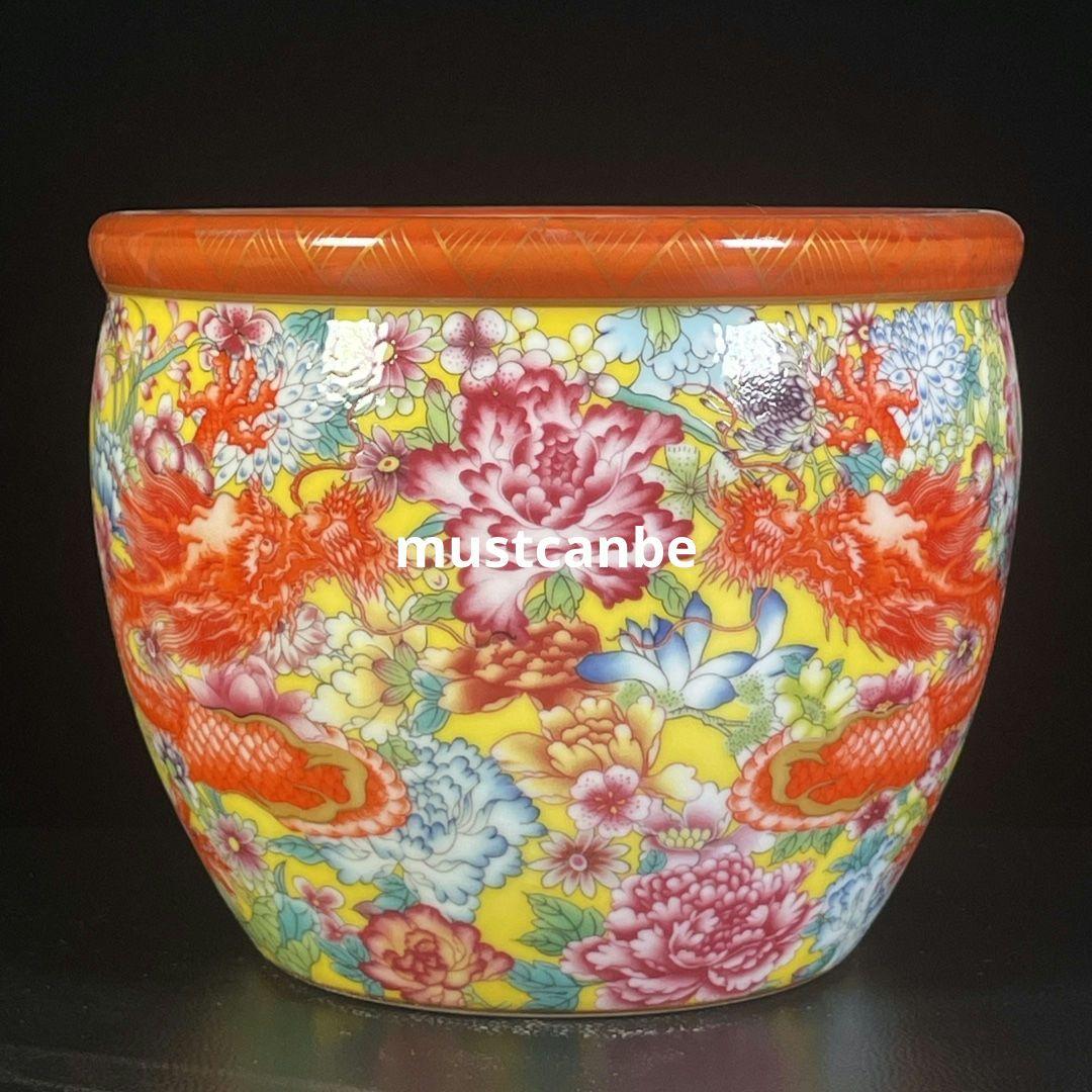清乾隆琺瑯彩万花双龍響水甕 景徳鎮 陶磁器 装飾品 現代工芸品 美術品 置物
