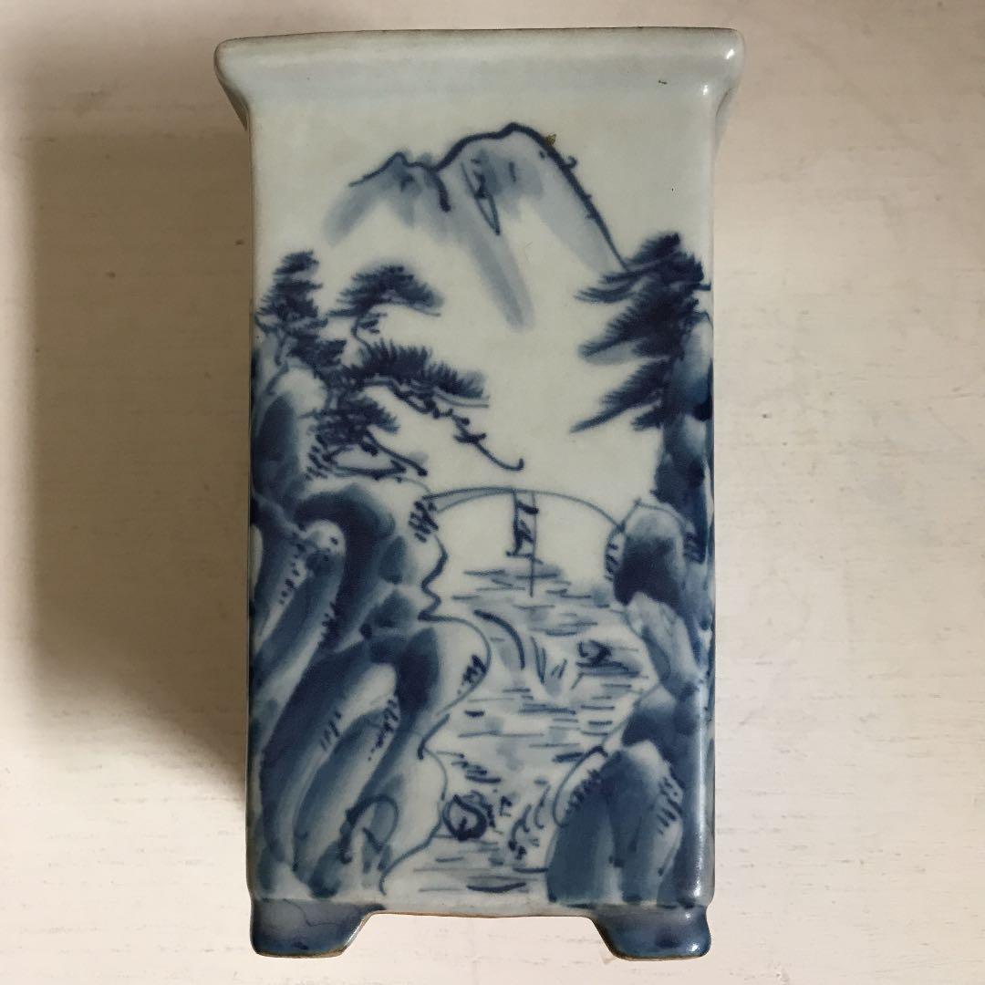 盆栽鉢　希少　水山　高級盆栽鉢古和鉢四面染付手書正方角深鉢懸崖鉢