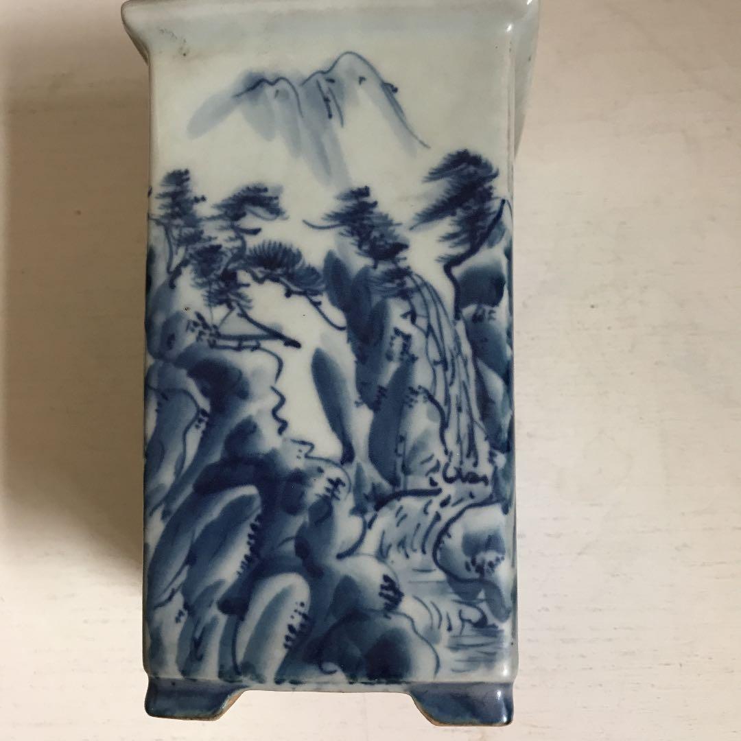盆栽鉢　希少　水山　高級盆栽鉢古和鉢四面染付手書正方角深鉢懸崖鉢