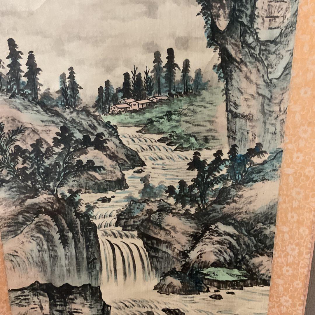 絹本彩色画山水図 【 雲 山 飛 瀑 】 月 吟 筆 合桐箱