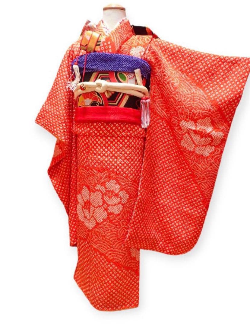 7歳　レトロ正絹朱色牡丹総絞り　七五三　お着物フルセット　アンティーク