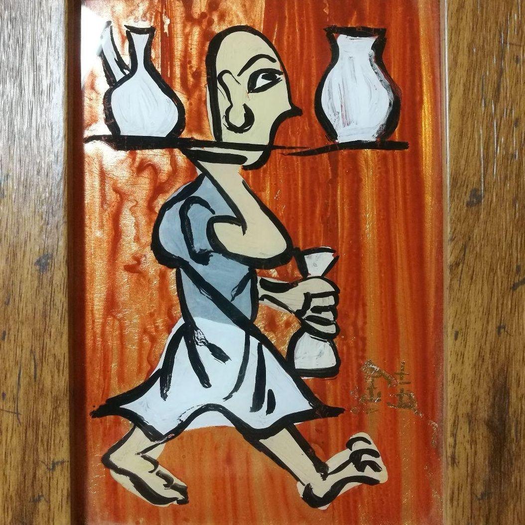 芹沢銈介　ガラス絵　肉筆　個展用額装