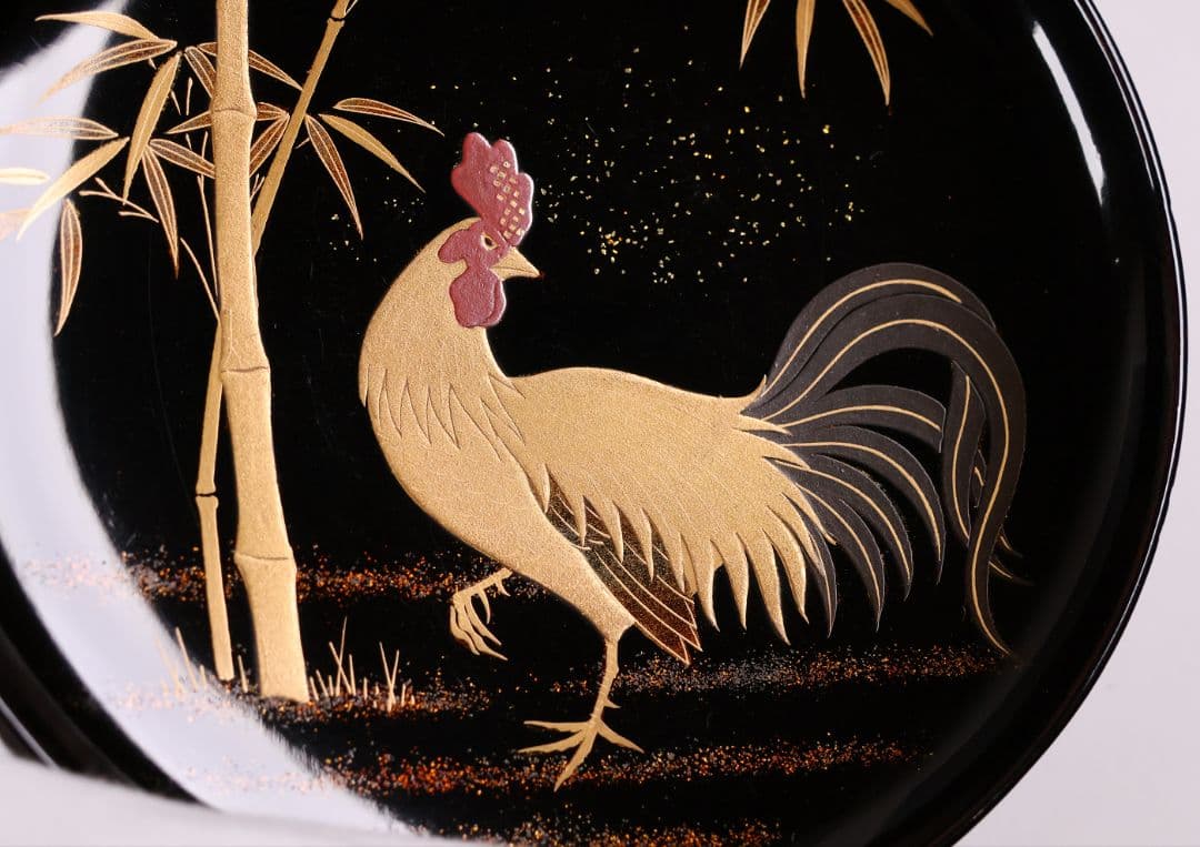 【CM354】時代蒔絵椀 竹に鶏金蒔絵 平椀五客 木製 /(検) 輪島塗加賀能登