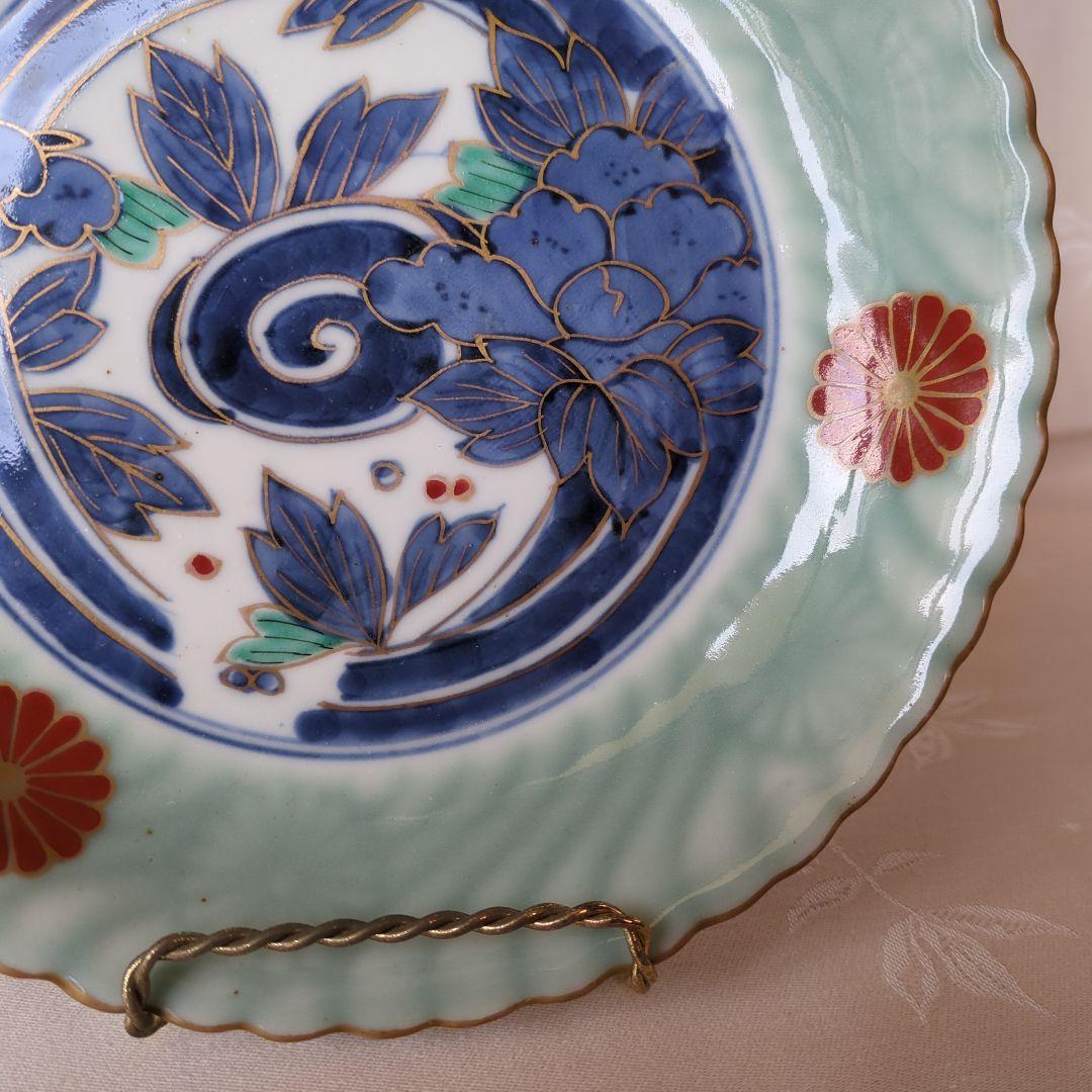 古伊万里 七寸皿 ② 色絵 青磁 菊文様 江戸期