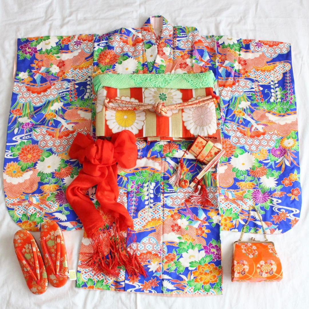 七五三 5歳 7歳 女の子 子供 青 着物 帯 セット