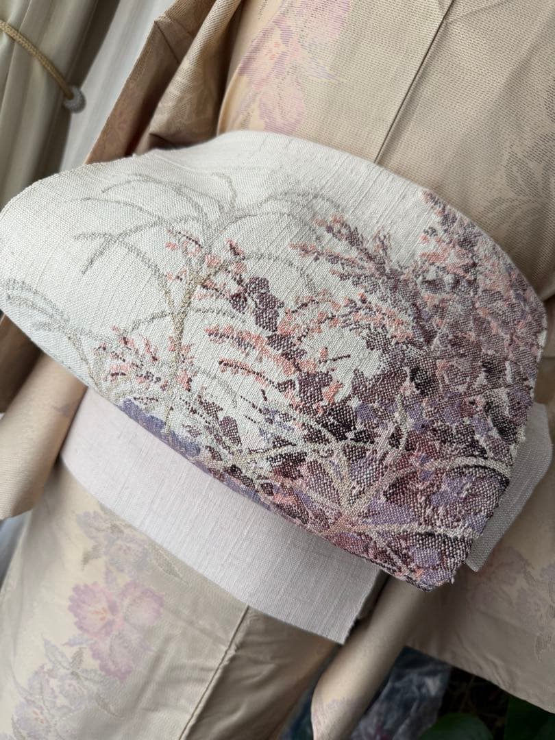 memeko 正絹 白大島紬小紋 ベージュ×グレー×パープル 横双 単品