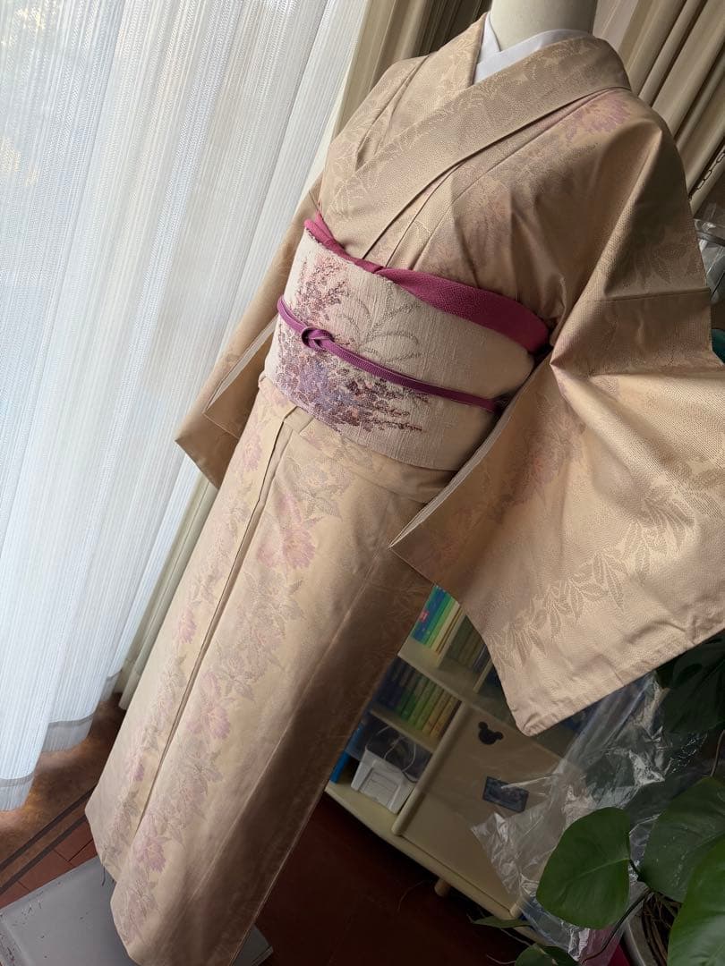 memeko 正絹 白大島紬小紋 ベージュ×グレー×パープル 横双 単品