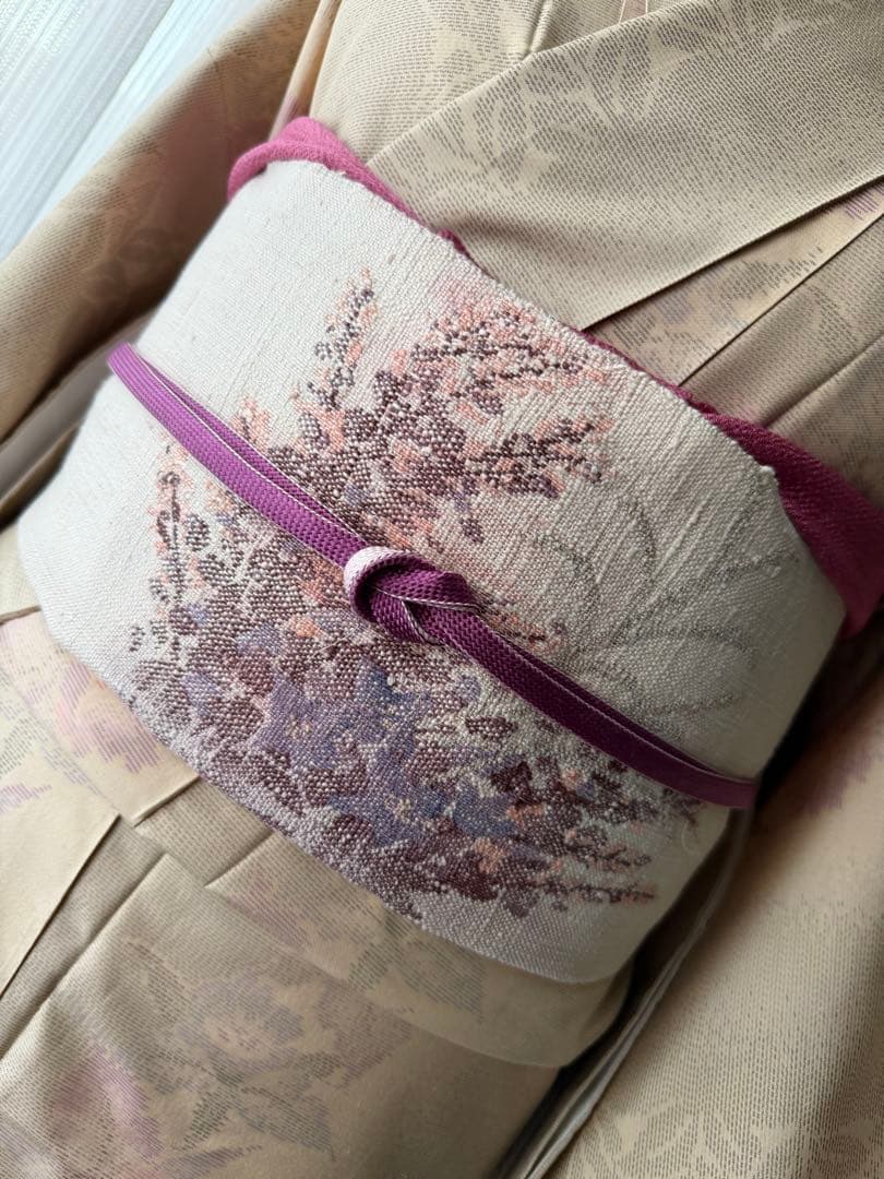 memeko 正絹 白大島紬小紋 ベージュ×グレー×パープル 横双 単品