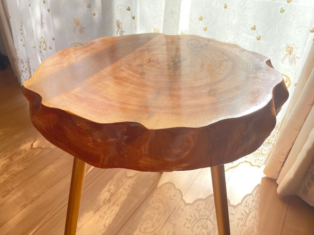 一枚板　無垢　サイドテーブル　ゴールド色脚