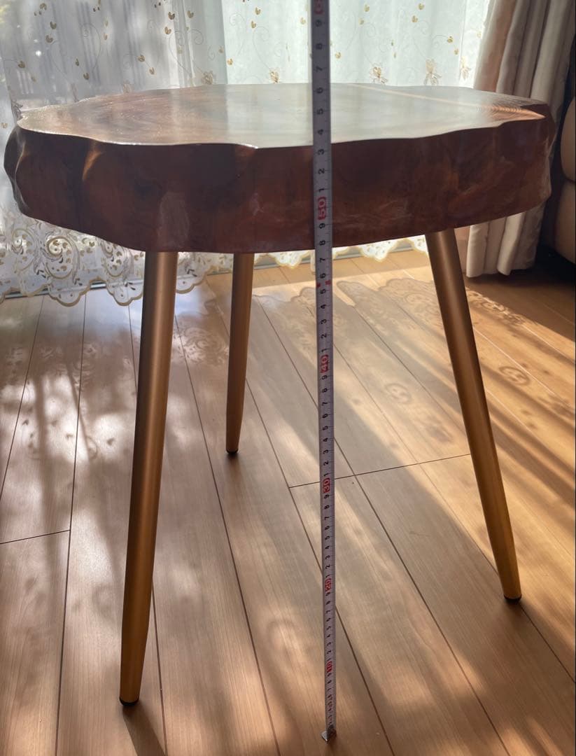 一枚板　無垢　サイドテーブル　ゴールド色脚