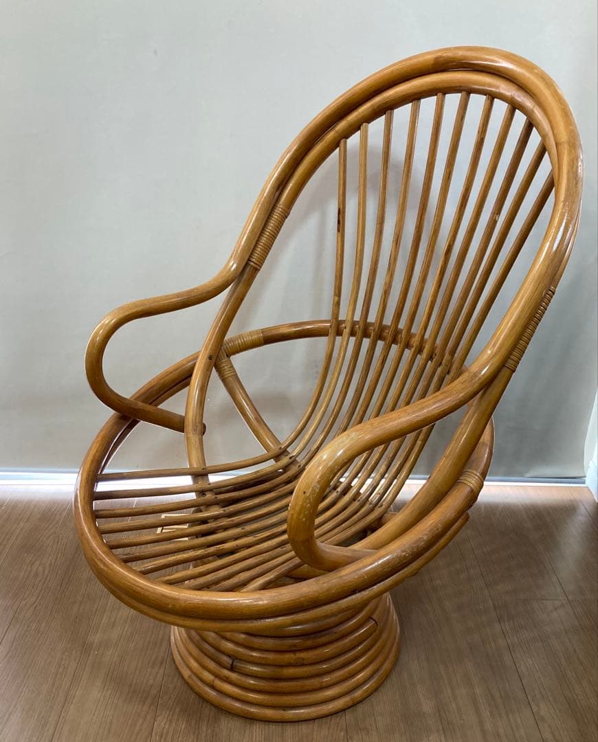 ラタンチェア 360度 回転式 籐家具 ひじ掛け 昭和レトロ