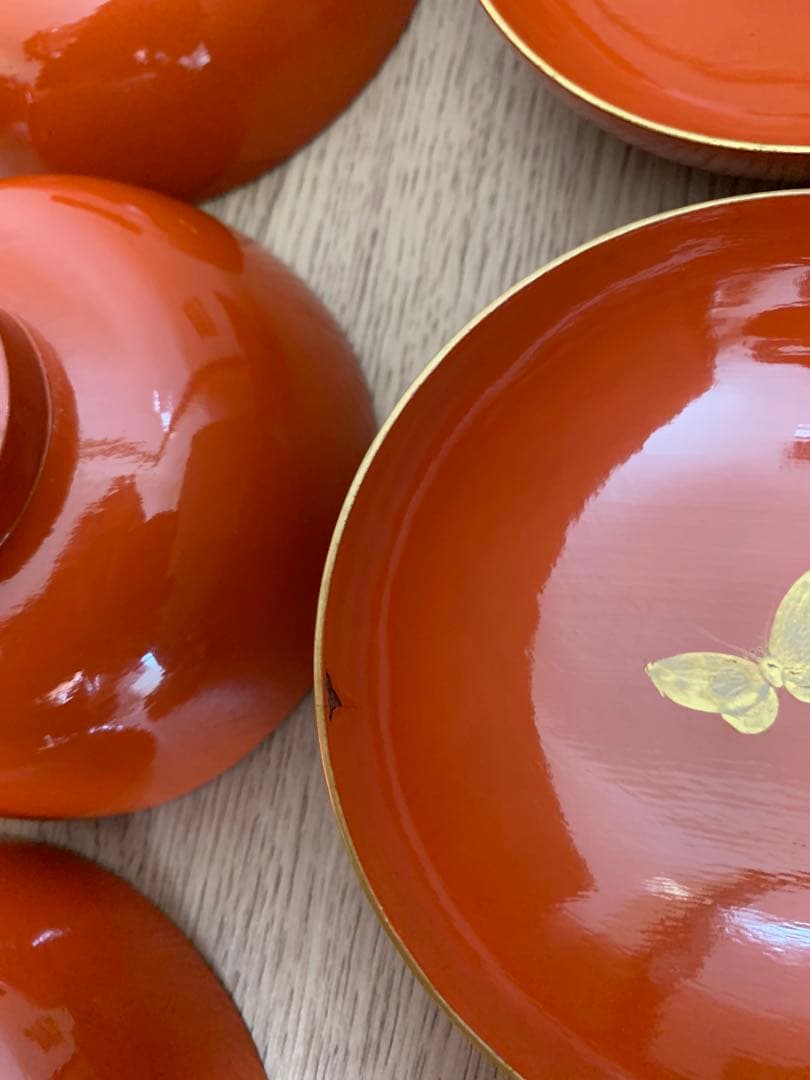 最終価格(9日迄) 輪島塗 沈金蒔絵吸物椀14客　大正3年　時代物　すみれと蝶々