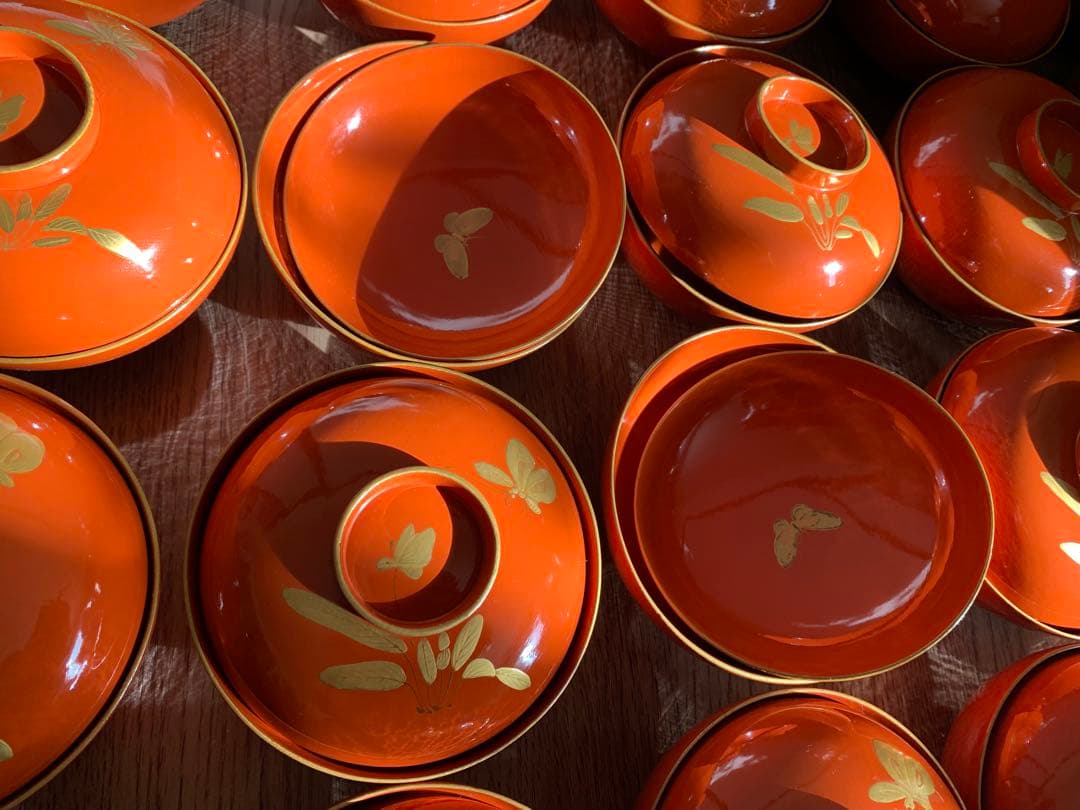 最終価格(9日迄) 輪島塗 沈金蒔絵吸物椀14客　大正3年　時代物　すみれと蝶々