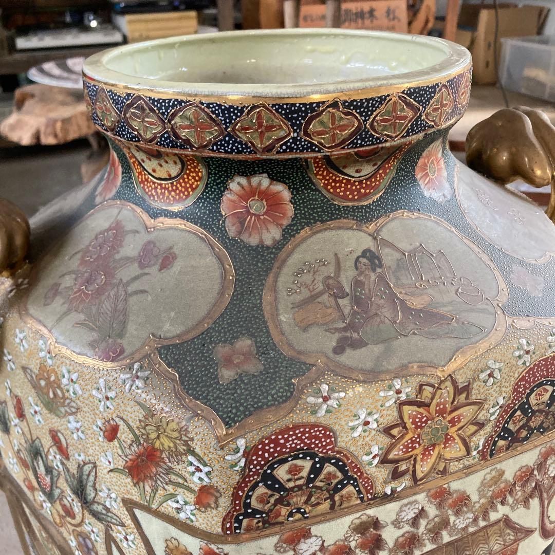 特大 薩摩焼 細密画大花瓶 耳付き 極彩色 高さ78cm アンティーク